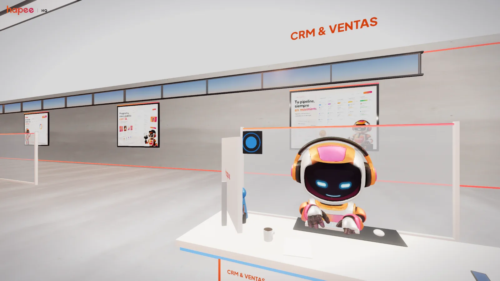 Hapee HQ: un agente robot trabaja en su puesto del área de CRM y ventas de la oficina 3D